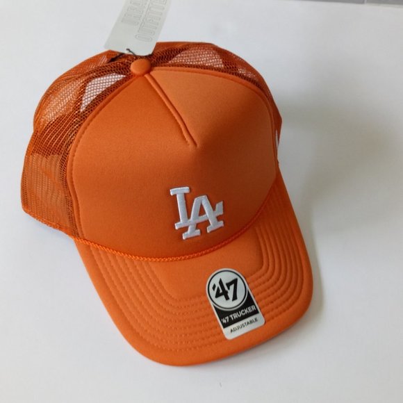 UO 47 Men's LA Dodgers Embroidered Logo Trucker Orange Hat Adjustable Snapback - Picture 1 of 13